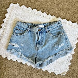 Zara Blue Acid Wash Highwaisted Distressed Denim Shorts